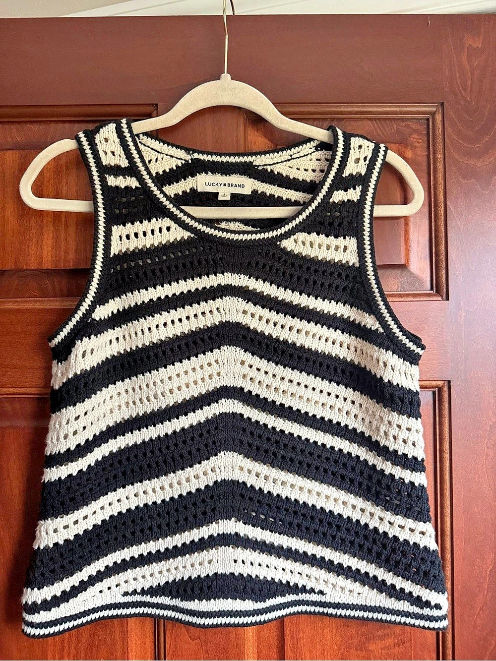 Lucky Brand Striped Crochet Square Neck Tank Top Black & White Small